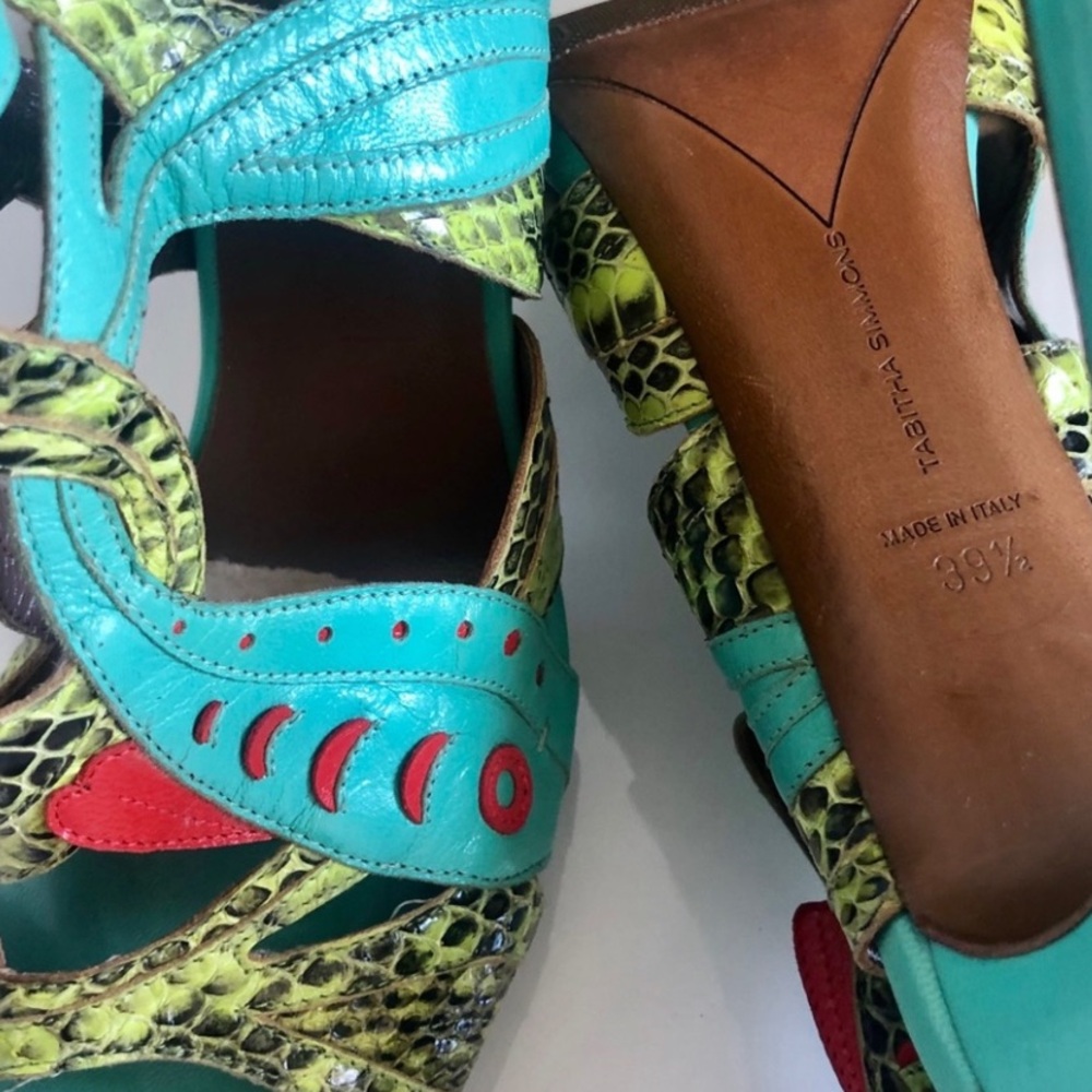 Tabitha Simmons Turquoise & Yellow Python Print H… - image 4